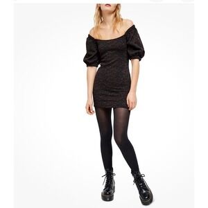 Free People Mini Dress Black‎ Combo L Square Neck Puff Sleeve Textured NWT